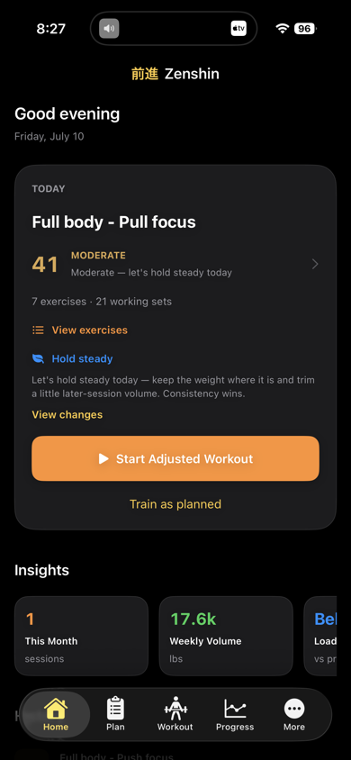 Zenshin Home showing readiness, View exercises, recovery guidance, and an adjusted workout